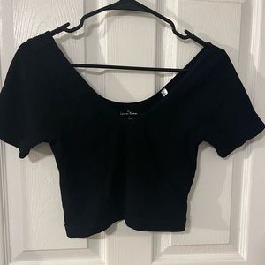 Black Cropped Off the Shoulder V Neck Tee